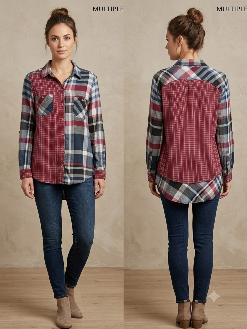 Multiples Cotton Mixed Plaid Button-Down Shirt in Red, Blue & White